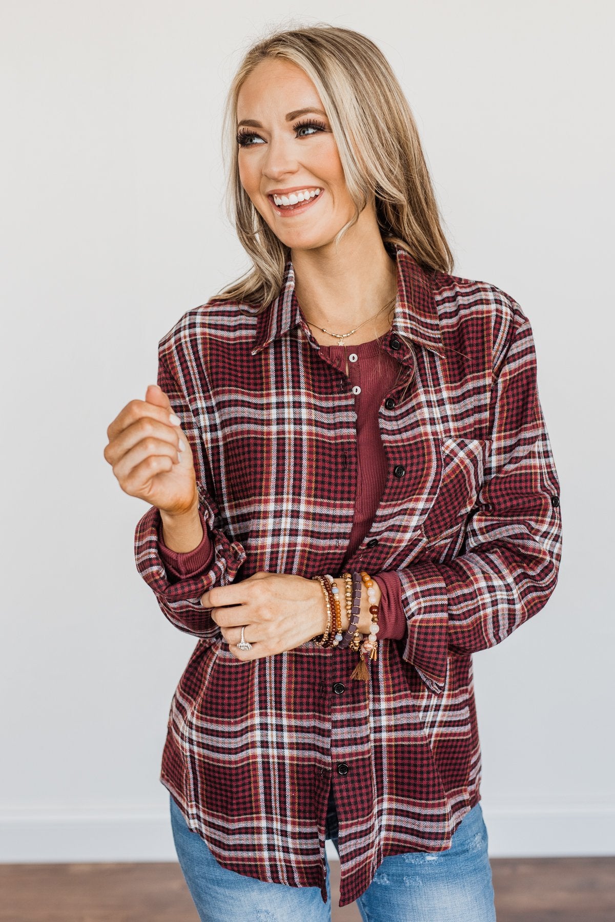 Made Up My Mind Plaid Button Top- Burgundy, Camel & Ivory