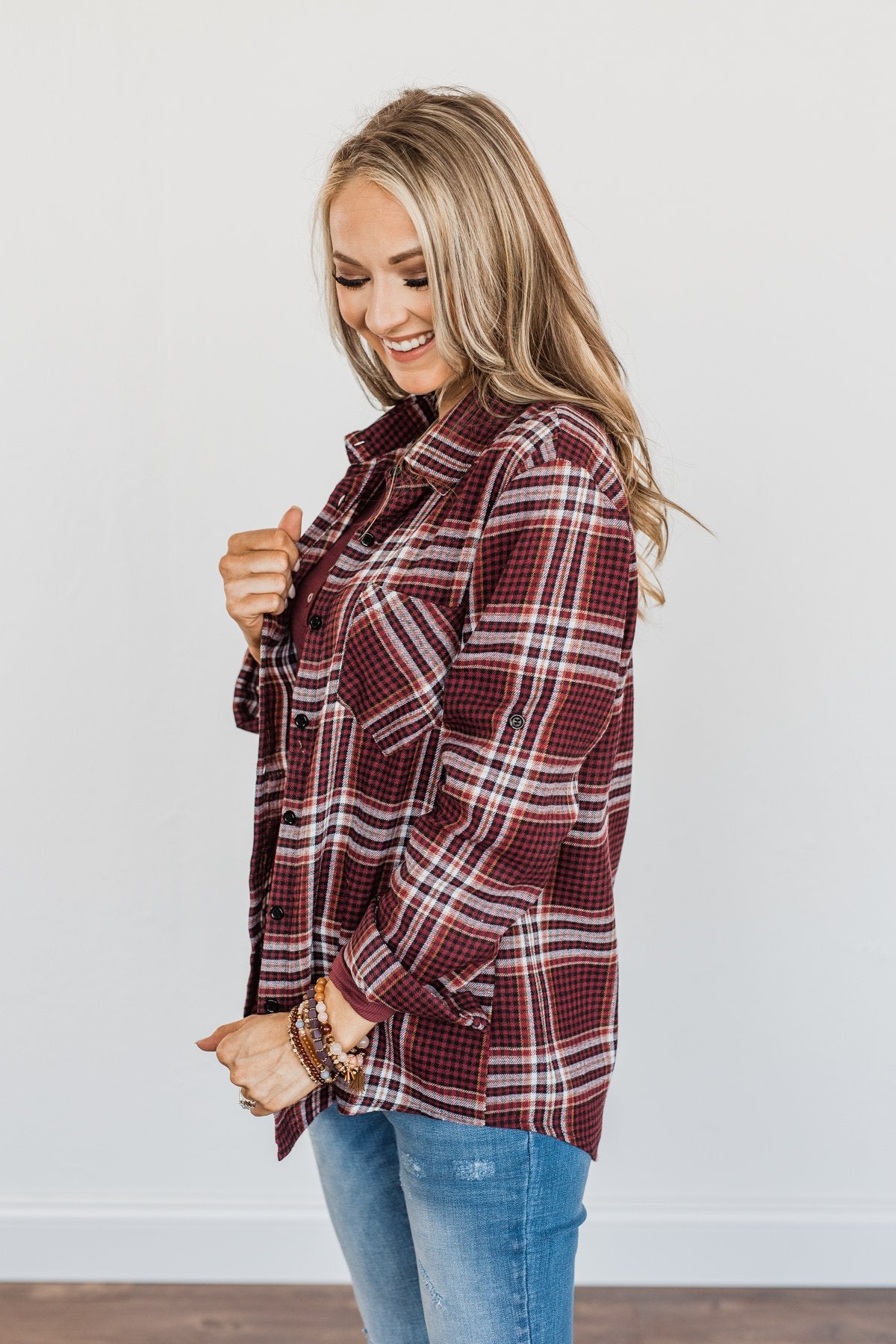 Made Up My Mind Plaid Button Top- Burgundy, Camel & Ivory – The Pulse ...