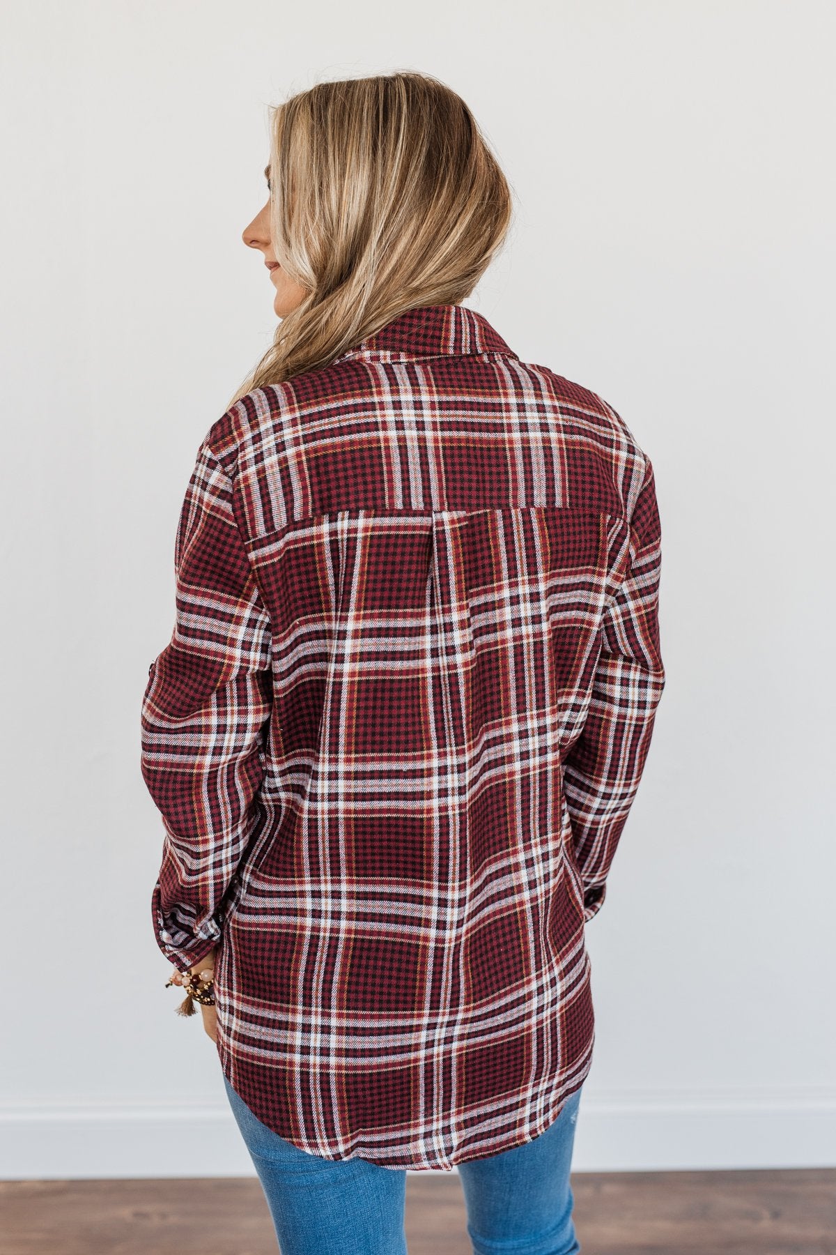 Made Up My Mind Plaid Button Top- Burgundy, Camel & Ivory