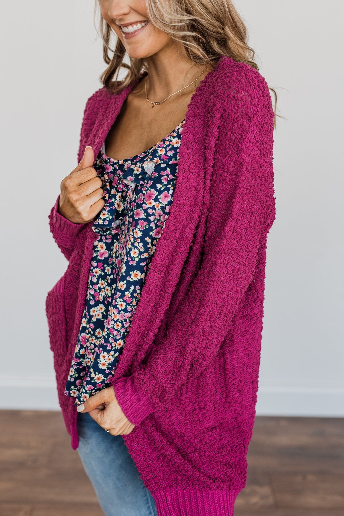 Stealing Glances Popcorn Knit Cardigan- Magenta