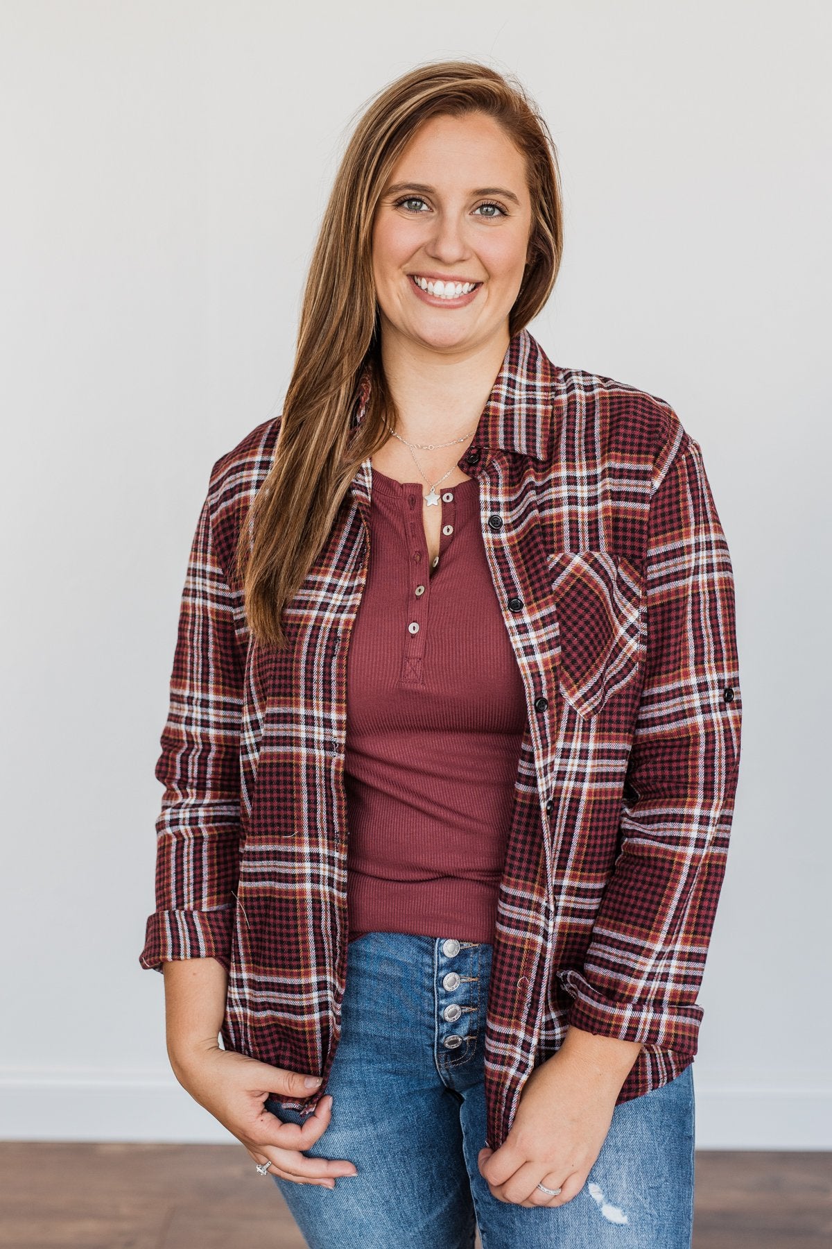 Made Up My Mind Plaid Button Top- Burgundy, Camel & Ivory