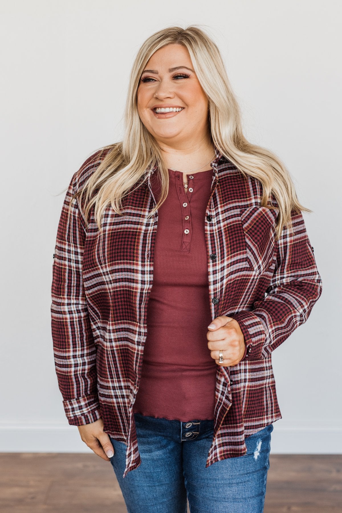 Made Up My Mind Plaid Button Top- Burgundy, Camel & Ivory