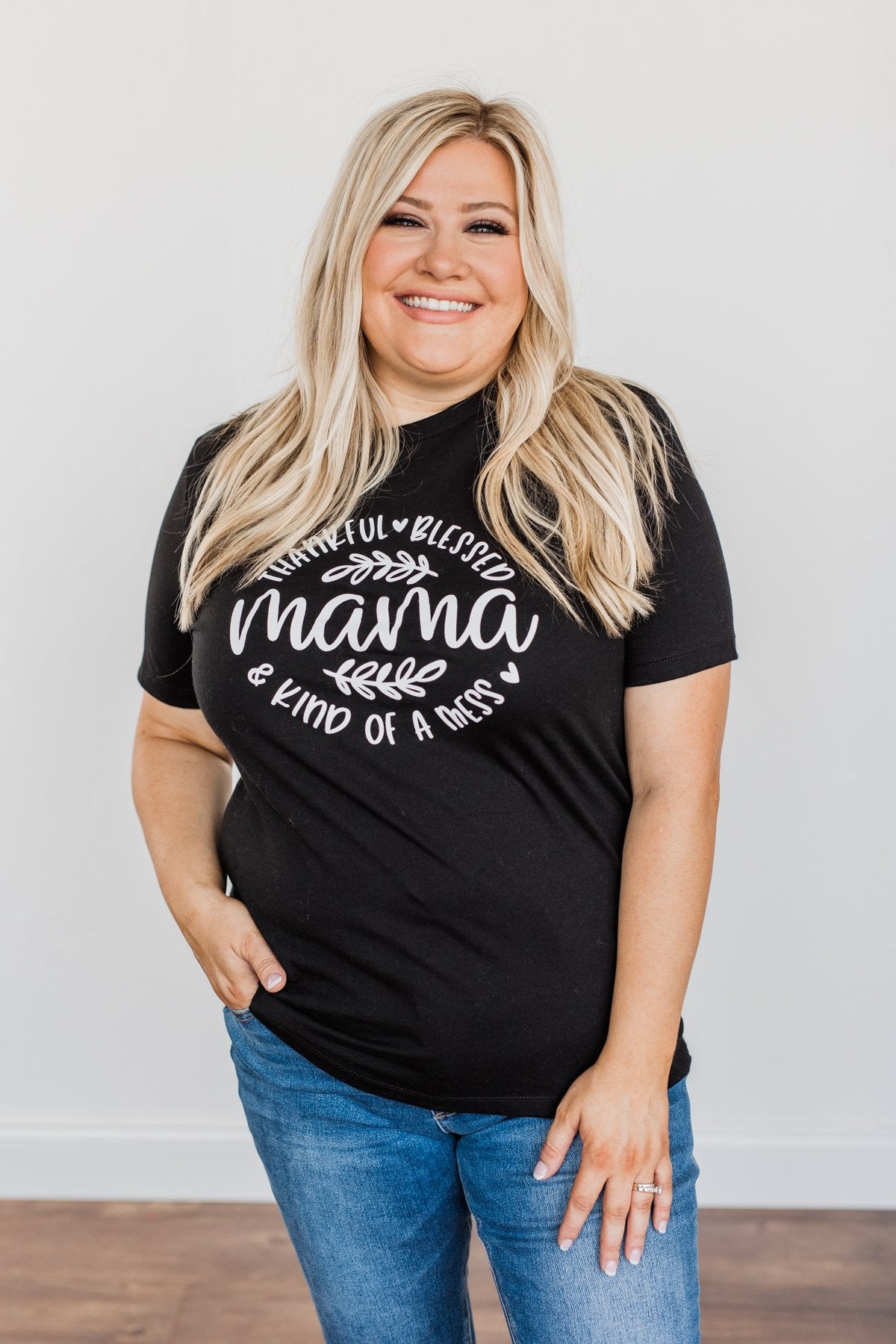 "Thankful, Blessed & Kind Of A Mess Mama" Graphic Top- Black