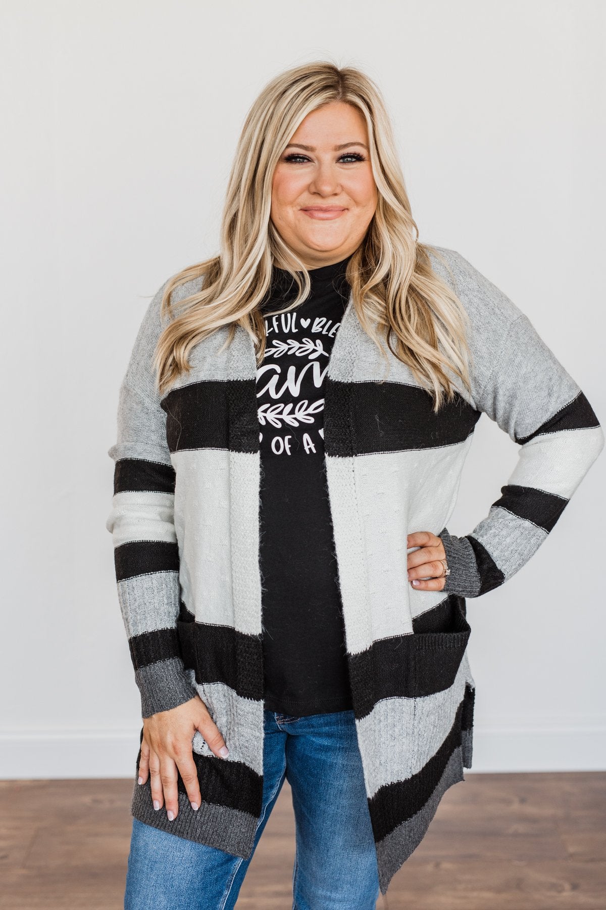 Looking Luxurious Color Block Cardigan- Ivory, Black & Grey