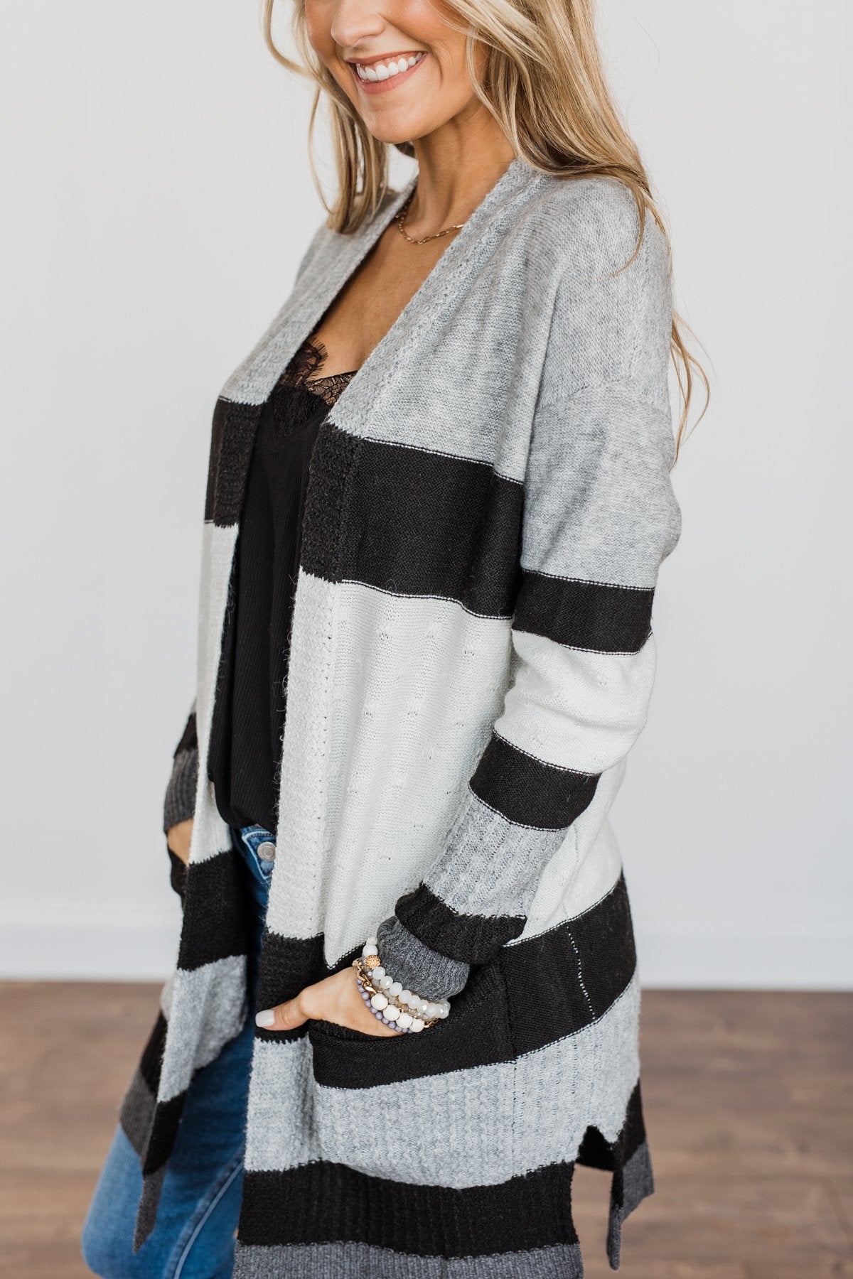 Looking Luxurious Color Block Cardigan- Ivory, Black & Grey