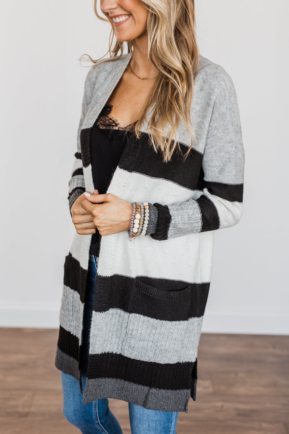 Looking Luxurious Color Block Cardigan- Ivory, Black & Grey