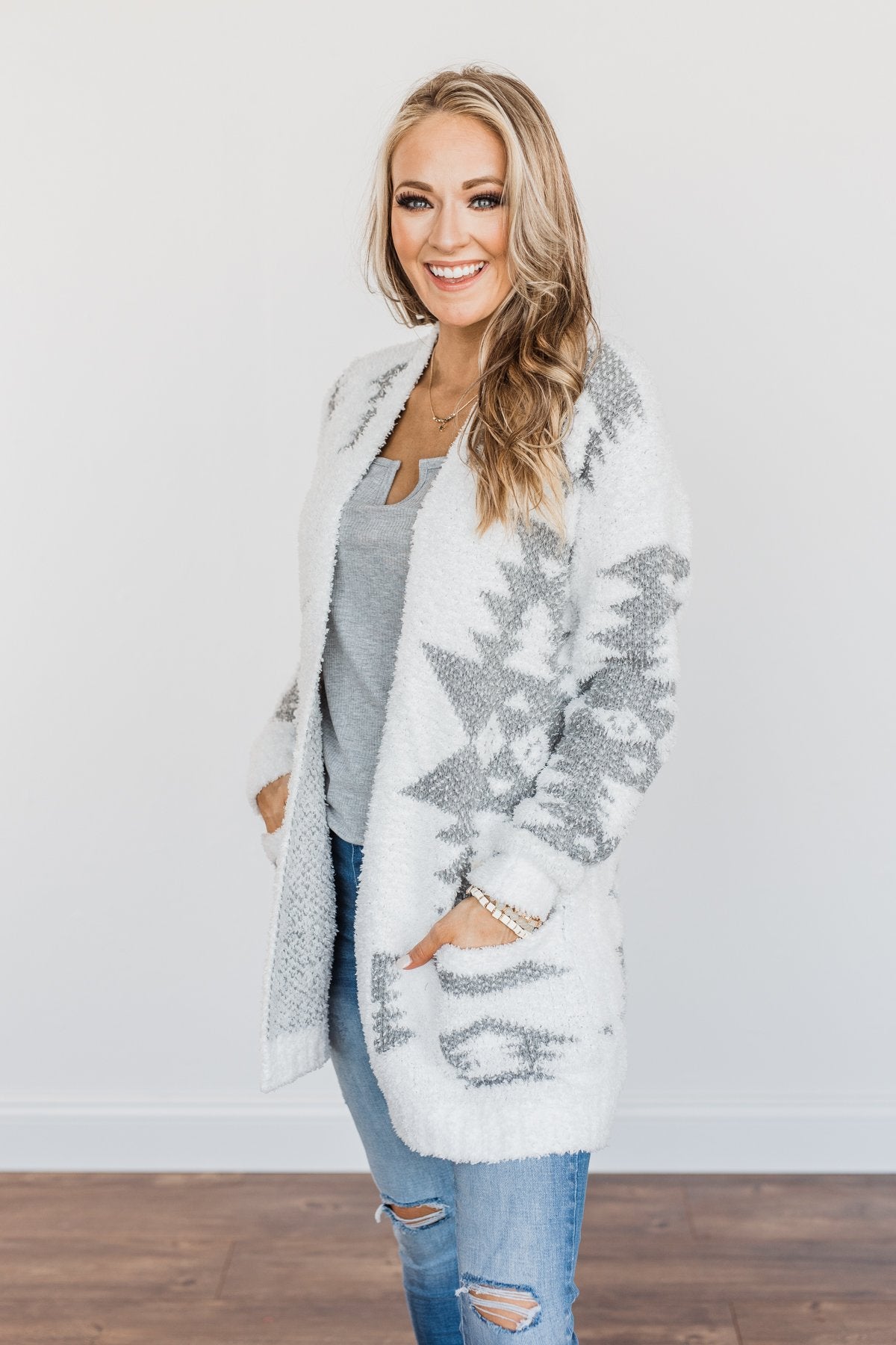 A Blanket Of Love Aztec Knit Cardigan- Ivory & Grey