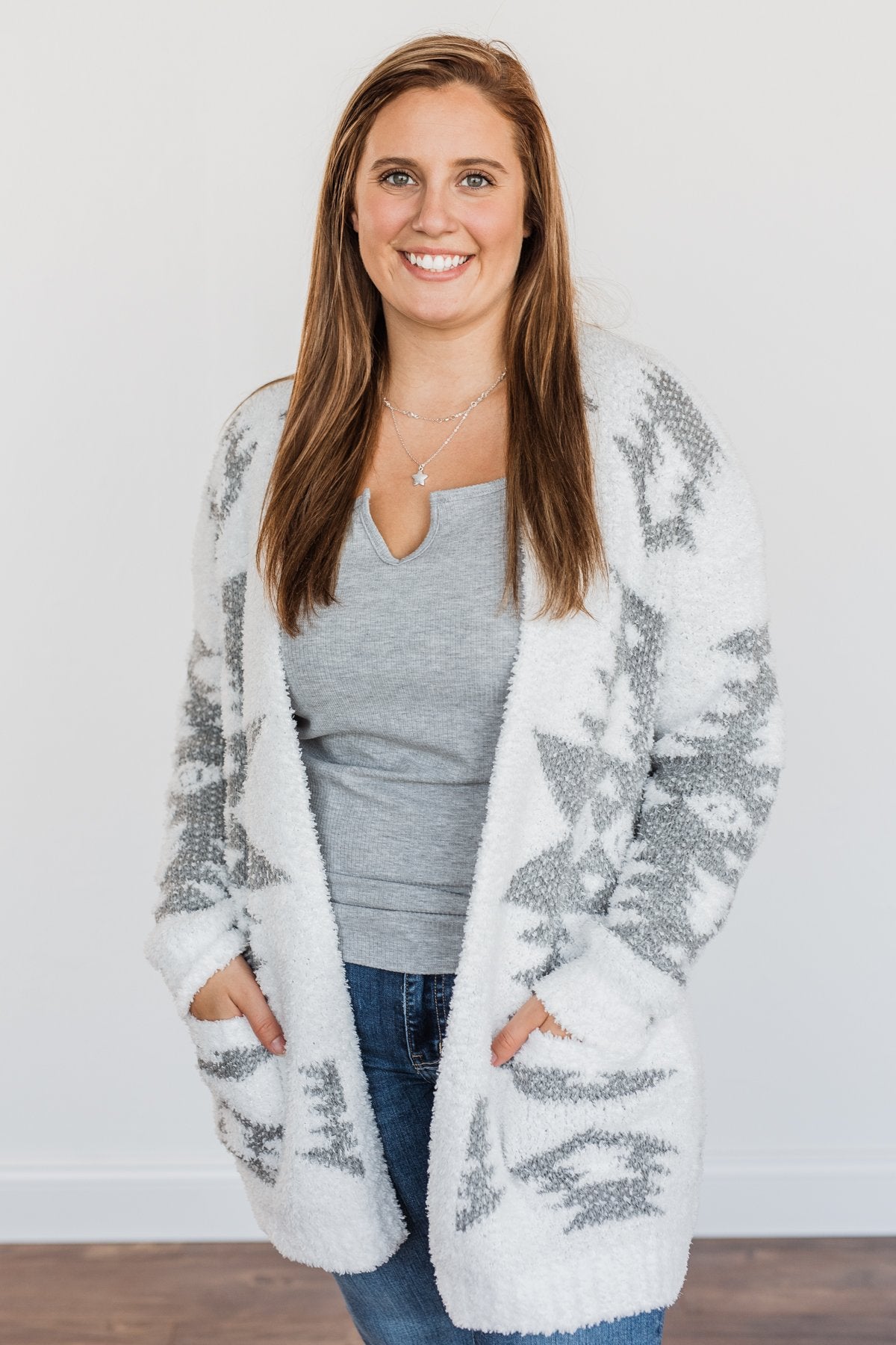 A Blanket Of Love Aztec Knit Cardigan- Ivory & Grey