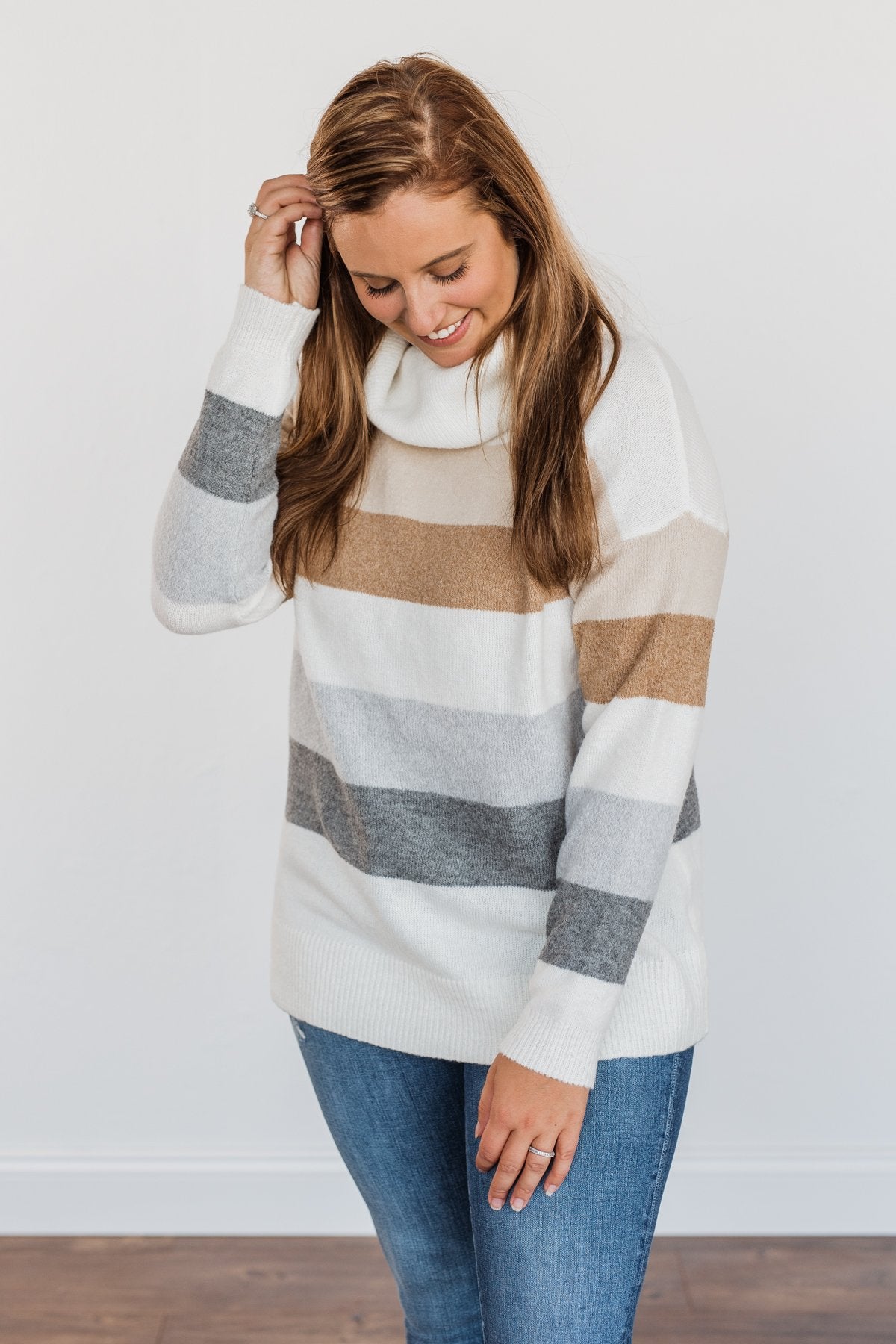 Sweet Autumn Air Turtleneck Sweater- Ivory, Camel & Grey