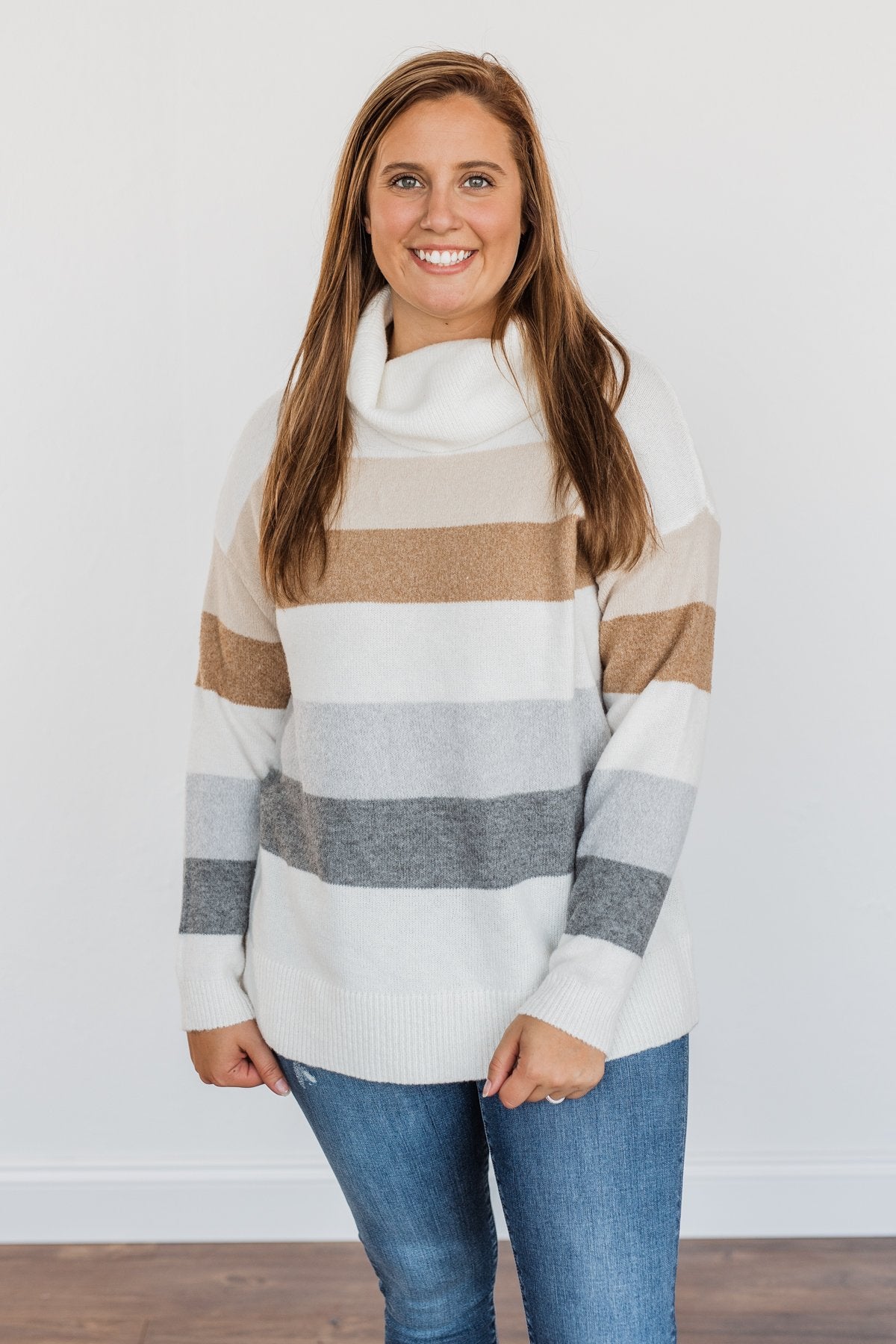 Sweet Autumn Air Turtleneck Sweater- Ivory, Camel & Grey