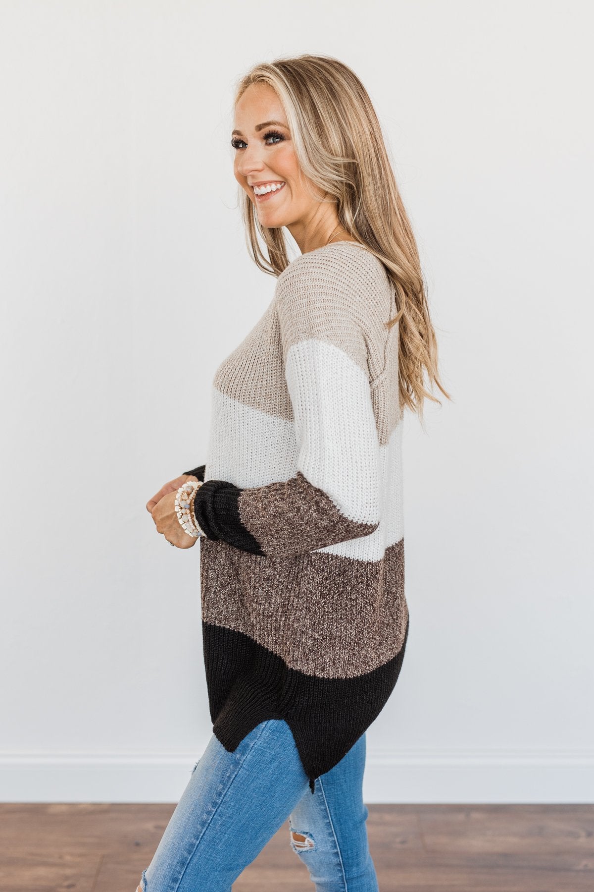 Lovely Leaves Color Block Knit Sweater- Oatmeal & Brown