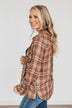 Fall Into The Season Button Plaid Top- Brown, Light Peach, & Grey