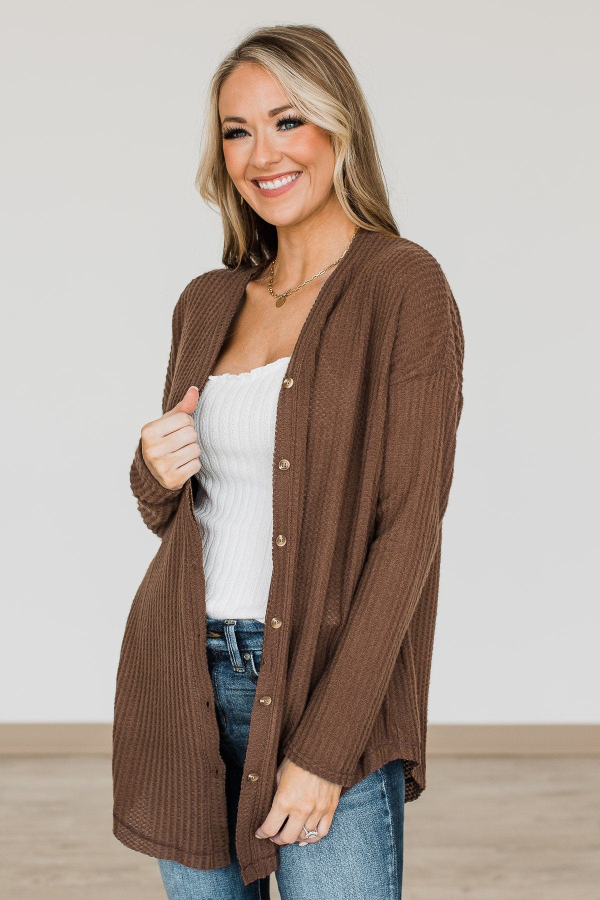 Campfire Cozy Waffle Knit Button Top- Brown – The Pulse Boutique