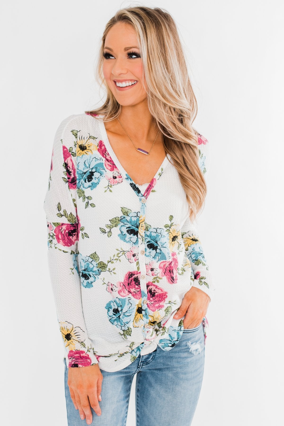 Good Life Floral Thermal Top- White – The Pulse Boutique