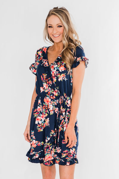What Lovers Do Floral Wrap Dress- Navy – The Pulse Boutique