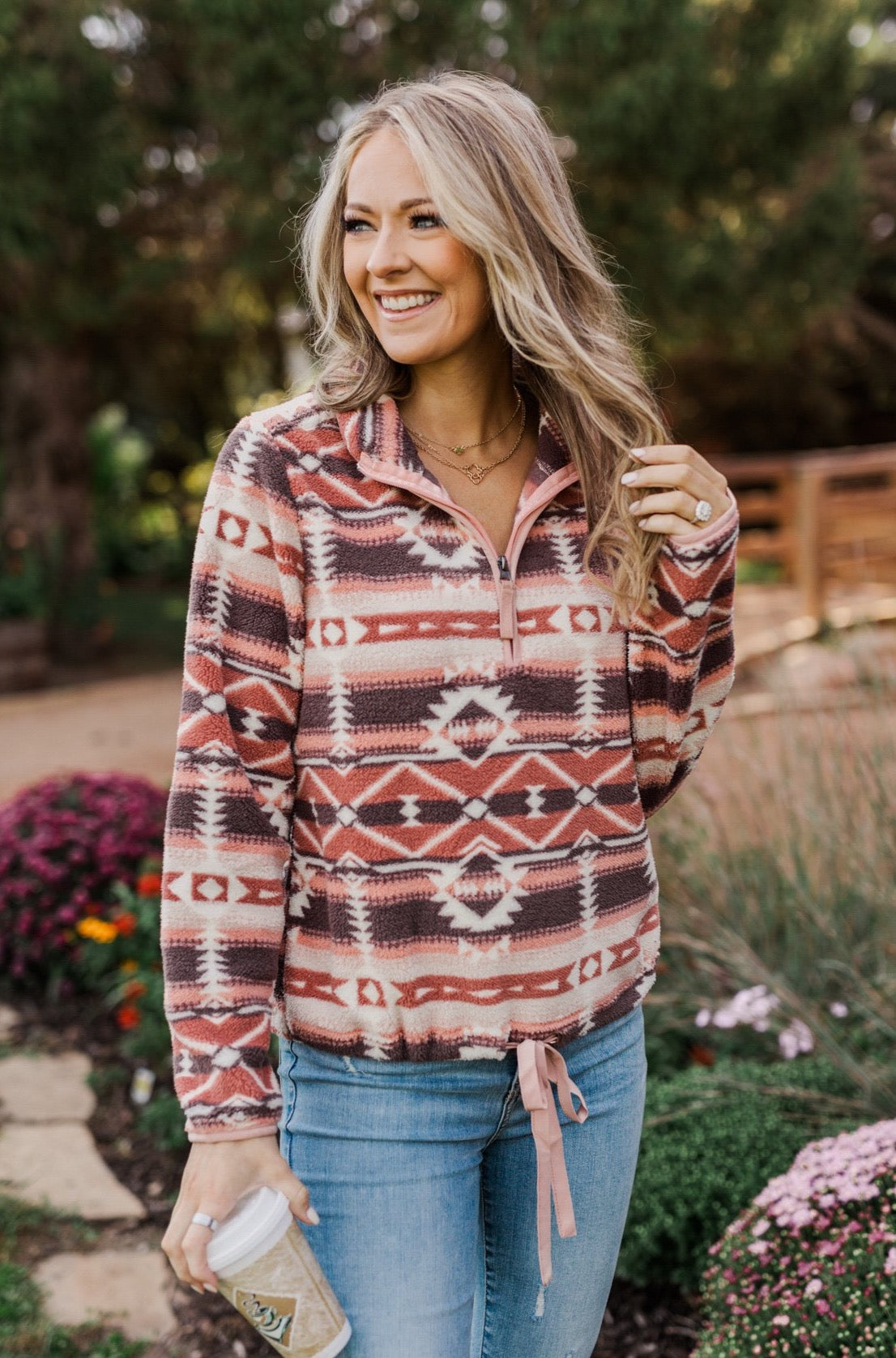 Born To Roam Aztec Sherpa Pullover Mauve Pink