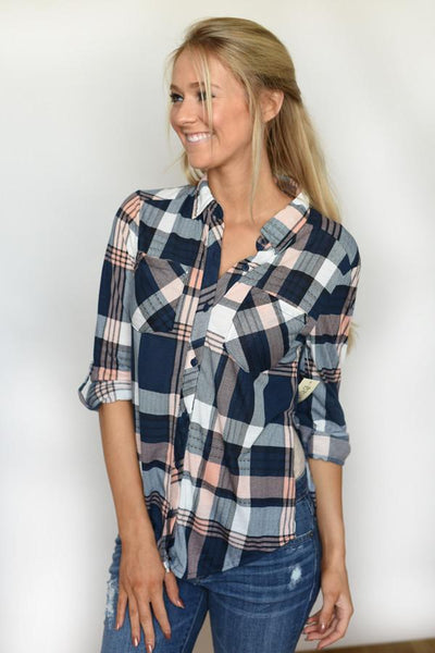 Blue & Peach Plaid Top – The Pulse Boutique