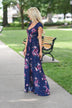 Navy Short Sleeve Floral Maxi Dress