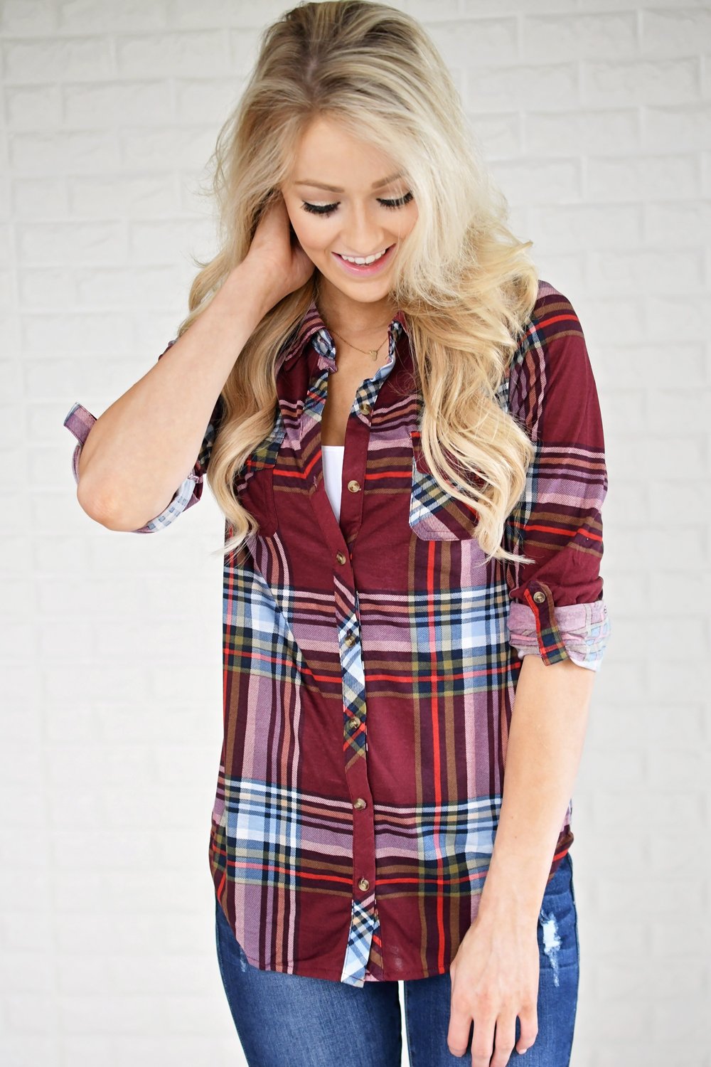 The Essential Plaid Top ~ Burgundy – The Pulse Boutique