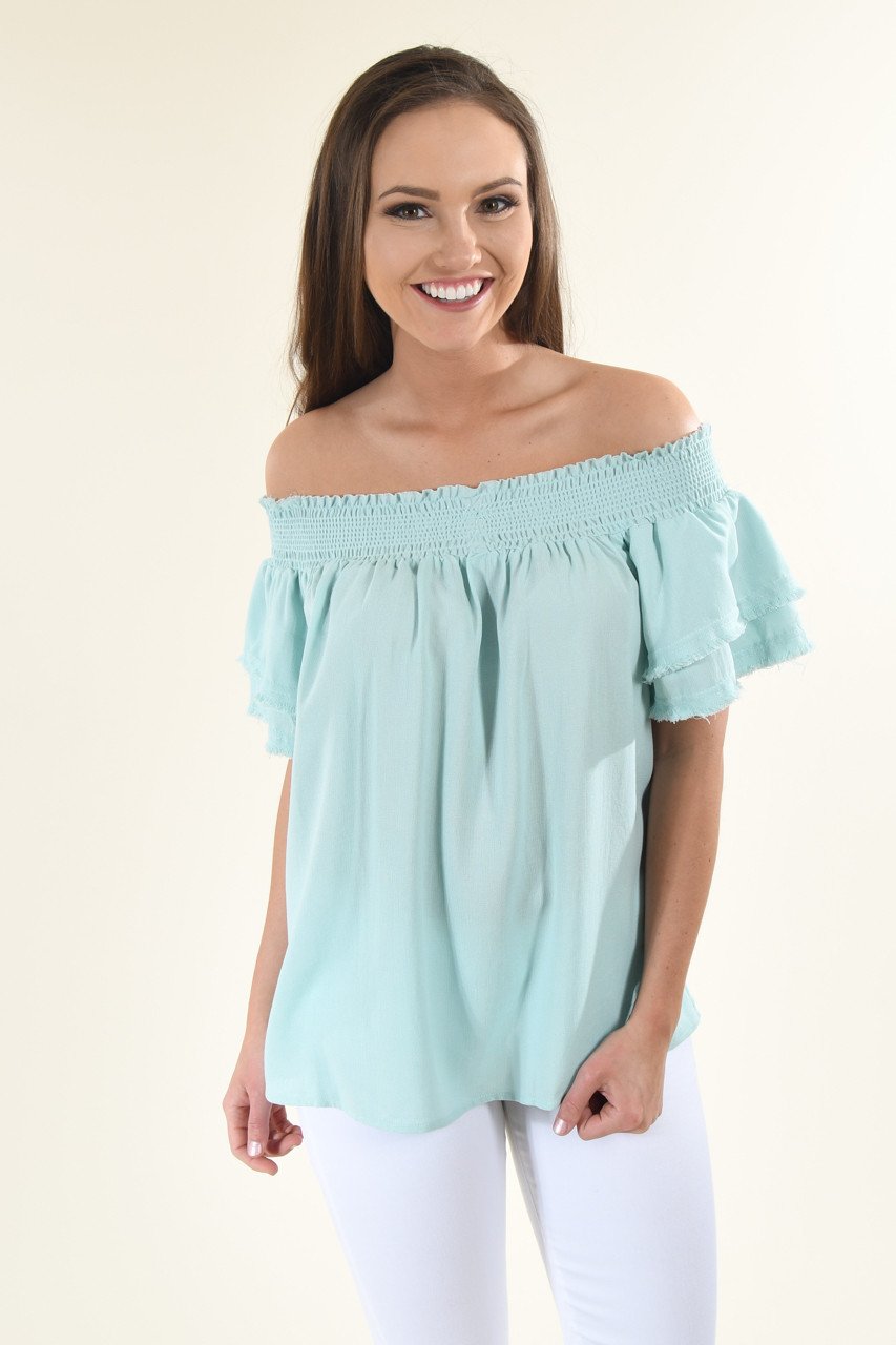 Blue Off The Shoulder Ruffle Top – The Pulse Boutique