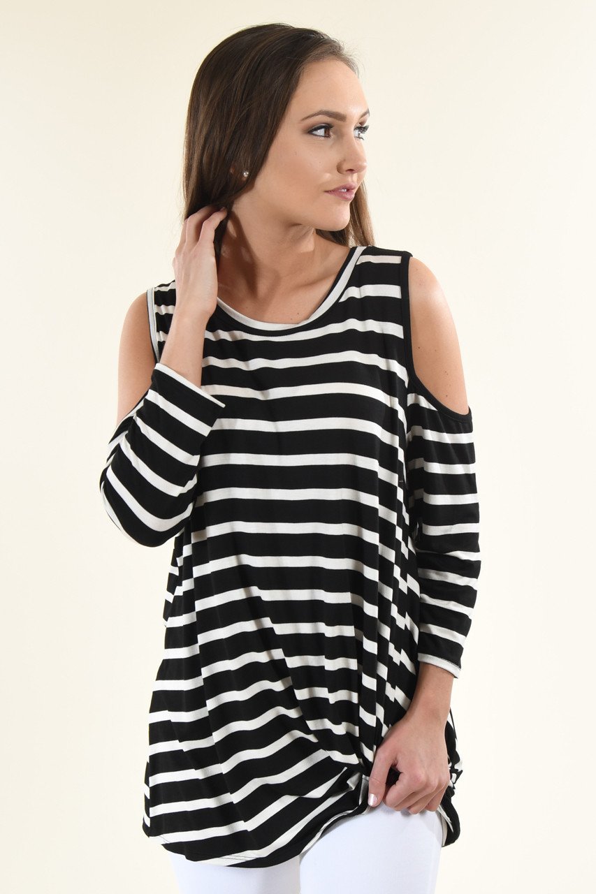 Cold Shoulder Black Striped Top