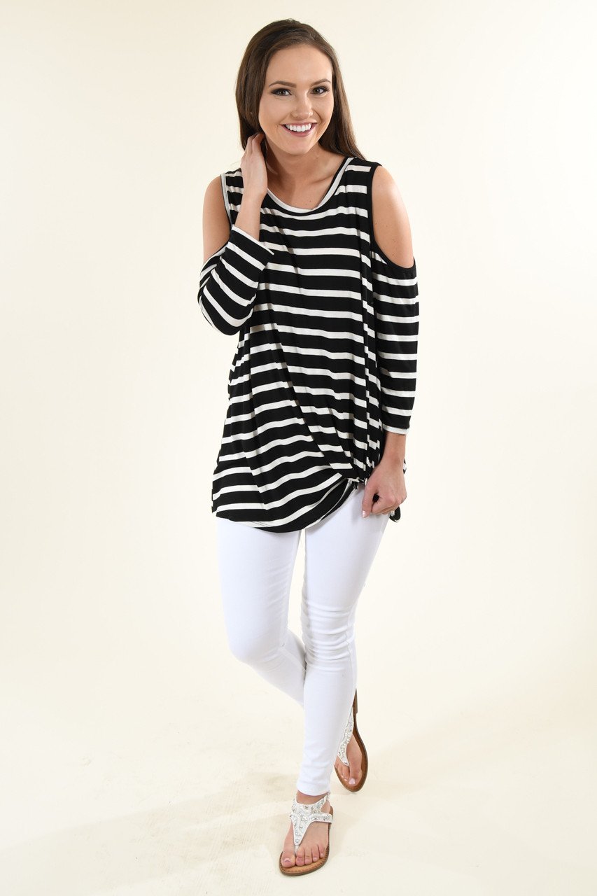 Cold Shoulder Black Striped Top