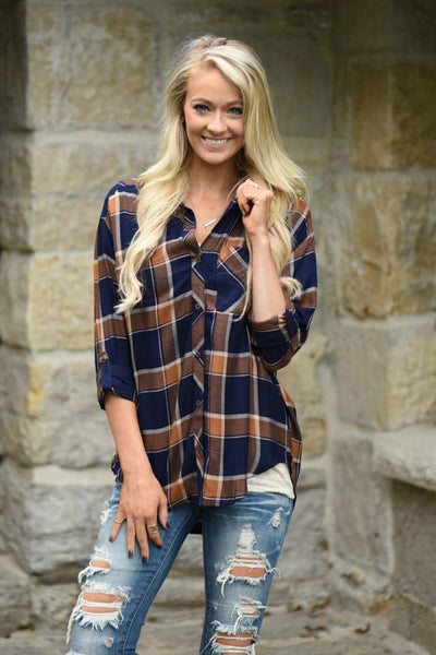 Traditional Mustard & Navy Plaid Top – The Pulse Boutique