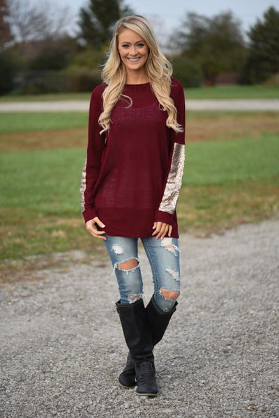 Leave a Little Sparkle Top - Burgundy – The Pulse Boutique