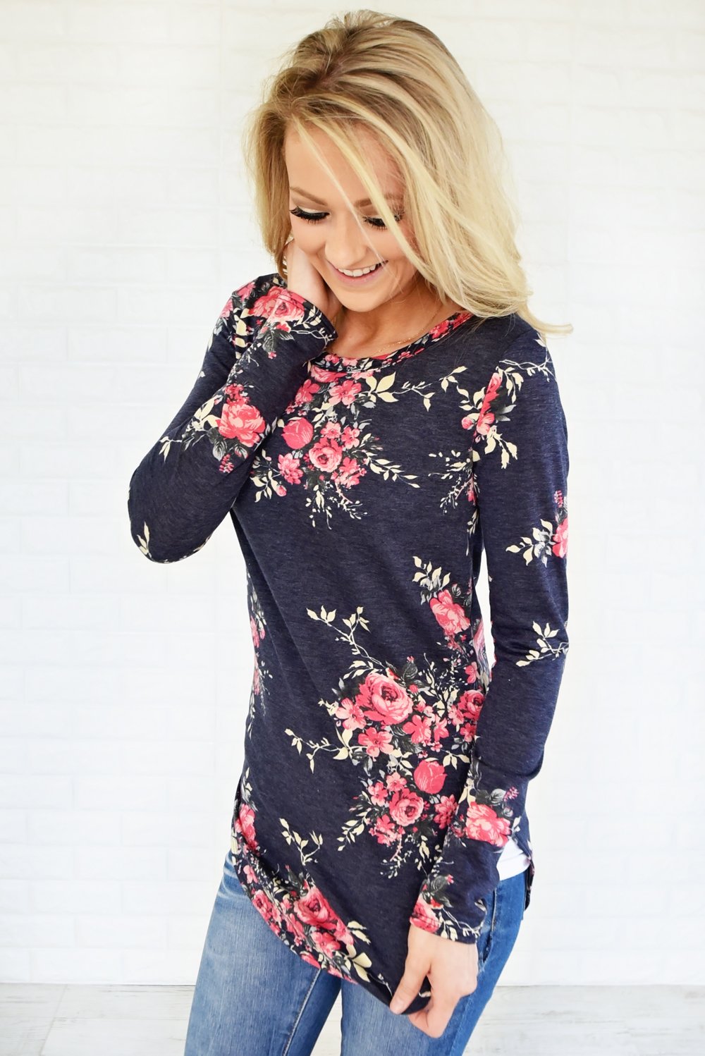 Flowers in Fall Long Sleeve Top ~ Navy – The Pulse Boutique