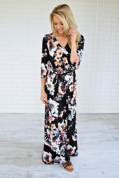 3/4 Sleeve Black Floral Maxi Dress – The Pulse Boutique