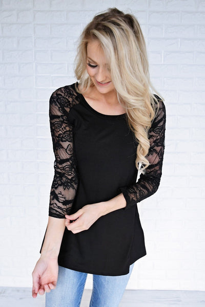 She's a Charmer Black Lace Sleeve Top – The Pulse Boutique