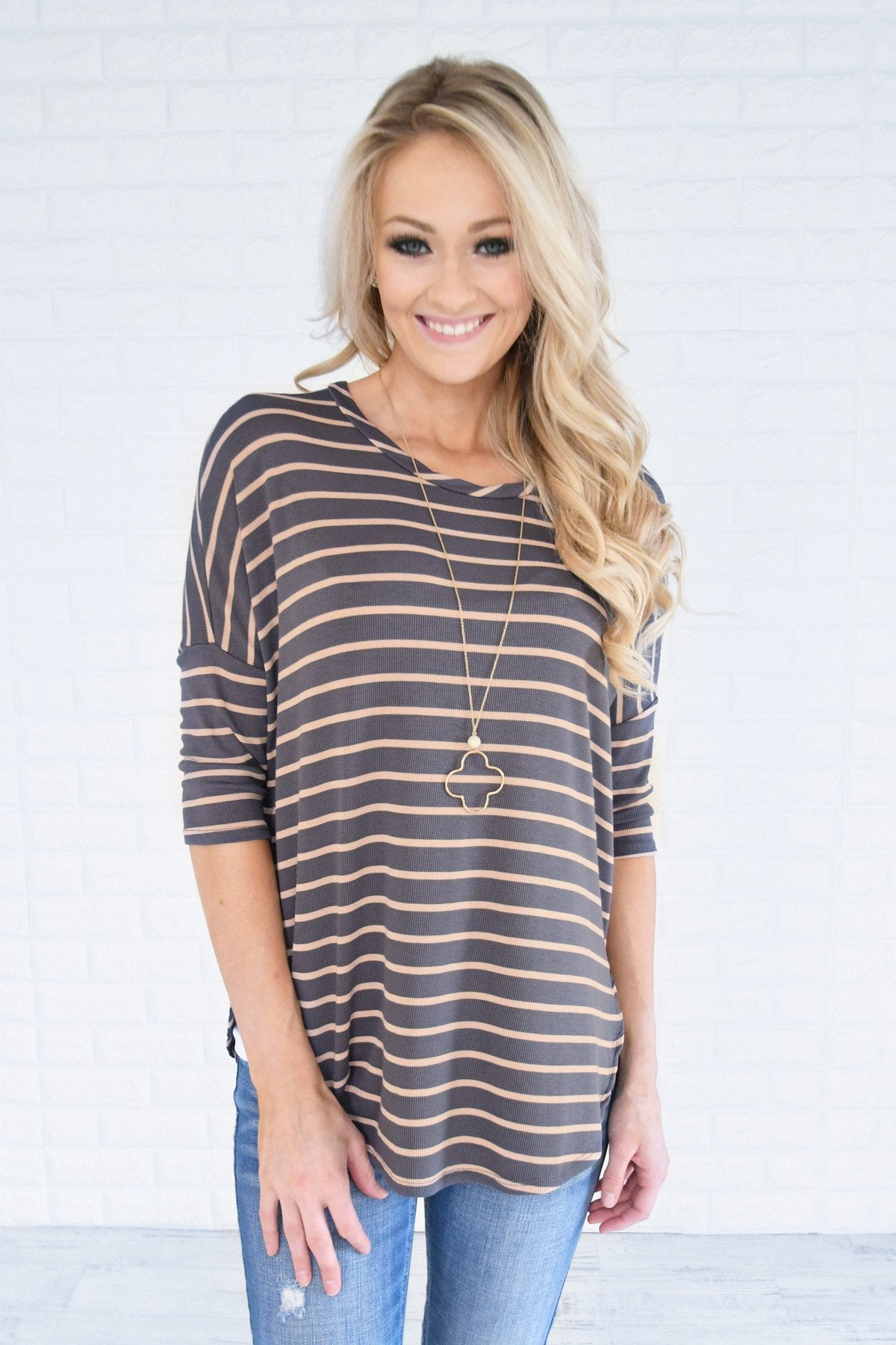 Charcoal & Tan Striped Top – The Pulse Boutique