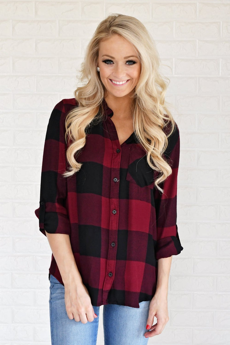 Burgundy & Black Plaid Button Up Top – The Pulse Boutique