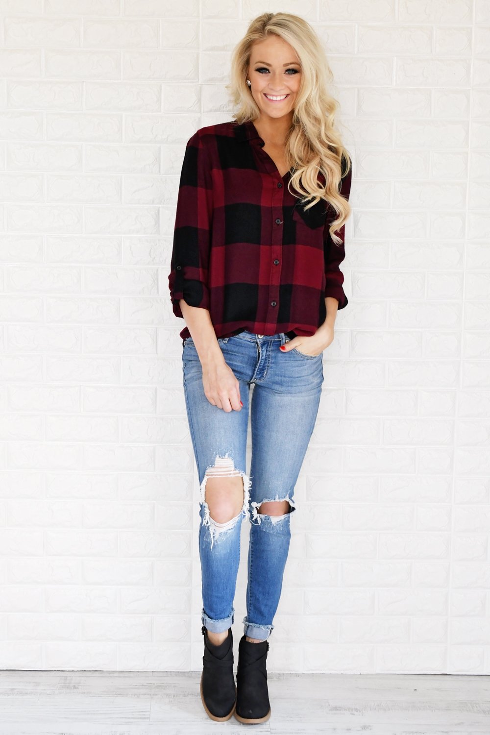 Burgundy & Black Plaid Button Up Top – The Pulse Boutique