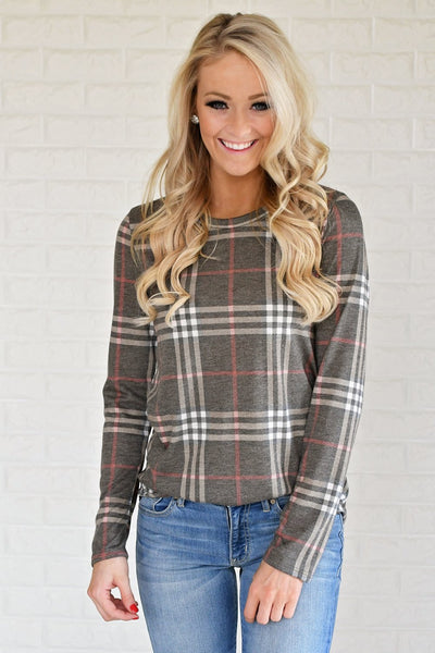 Perfectly Plaid Long Sleeve Top ~ Brown The Pulse Boutique