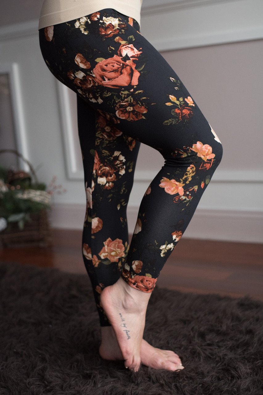 Oroblu Black Bouquet Floral Print Leggings Women's Size L 47312 