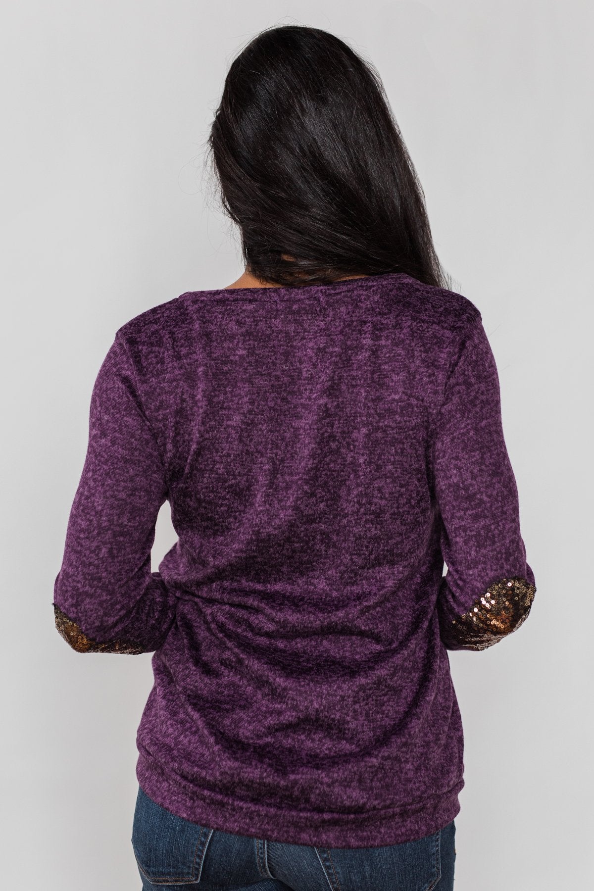 Just Enough Sequin Elbow Patch Sweater- Plum – The Pulse Boutique