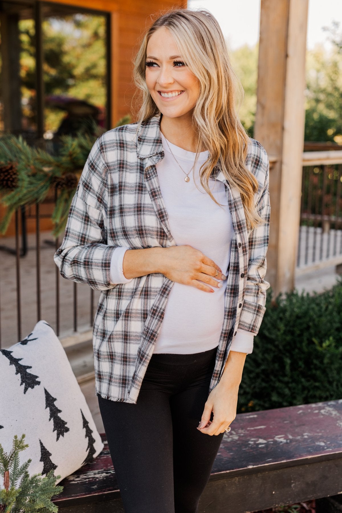 Catching Snowflakes Button Plaid Top- Ivory