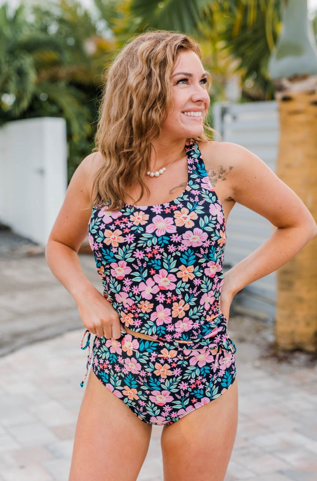 The Beach Is Calling Tankini Swim Top Black Floral