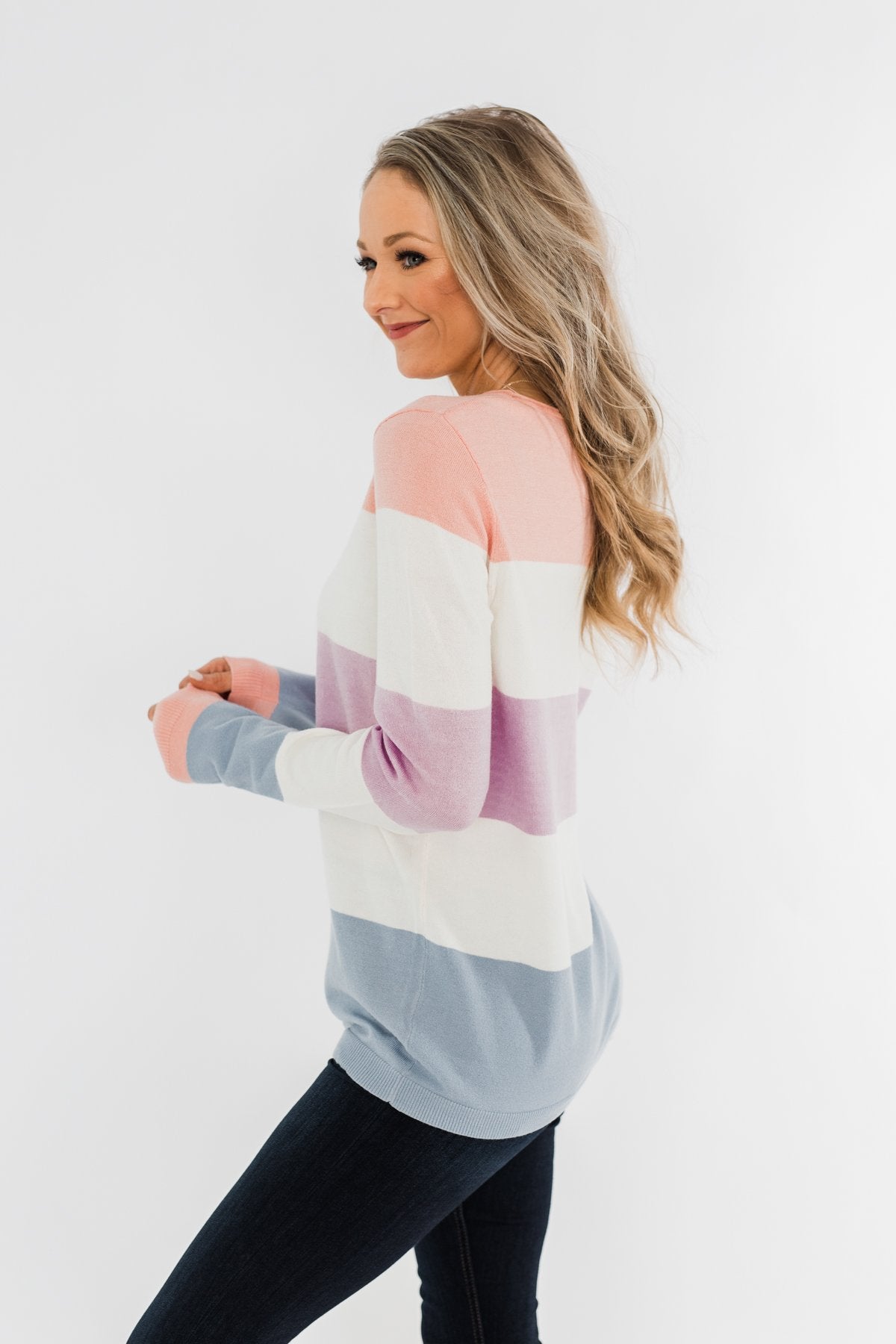 Here She Comes Sweater- Peach, Orchid & Steal Blue – The Pulse Boutique