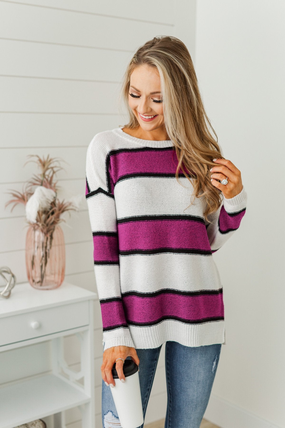 Oh So Soft Striped Knit Sweater- Magenta – The Pulse Boutique