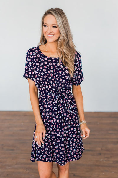 Make A Way Floral Short Sleeve Dress- Navy – The Pulse Boutique