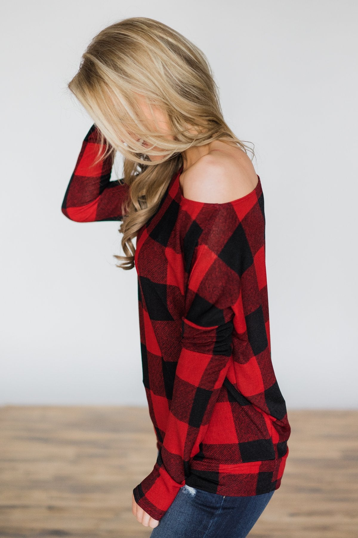 Red and black plaid off the shoulder top sale