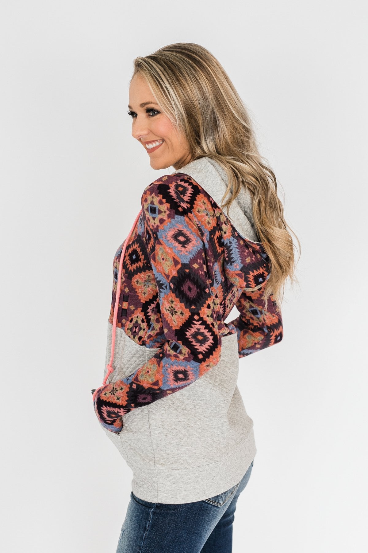 Aztec Quilted Drawstring Hoodie- Grey, Pink, & Purple Tones – The Pulse ...