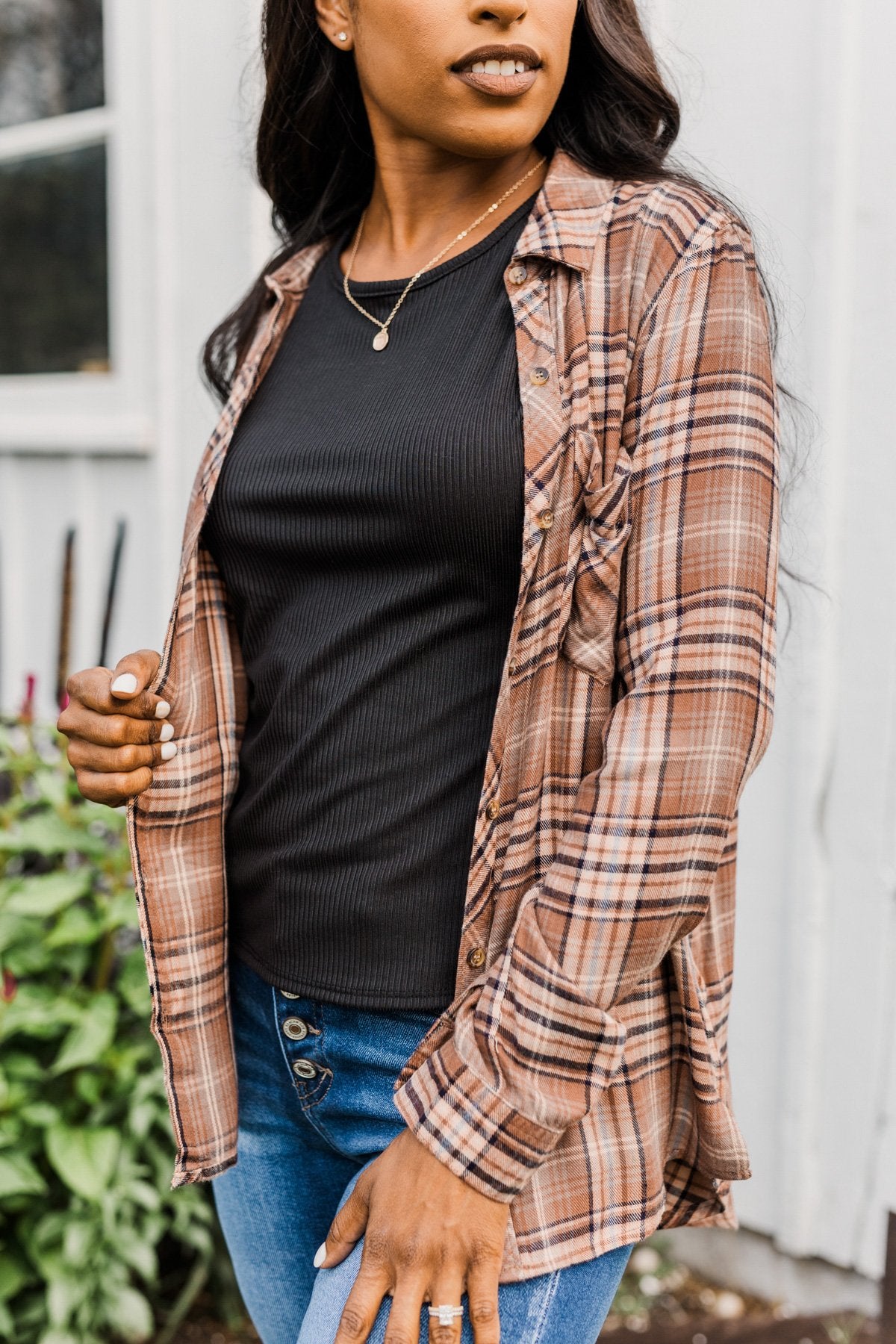 Fall Into The Season Button Plaid Top- Brown, Light Peach, & Grey