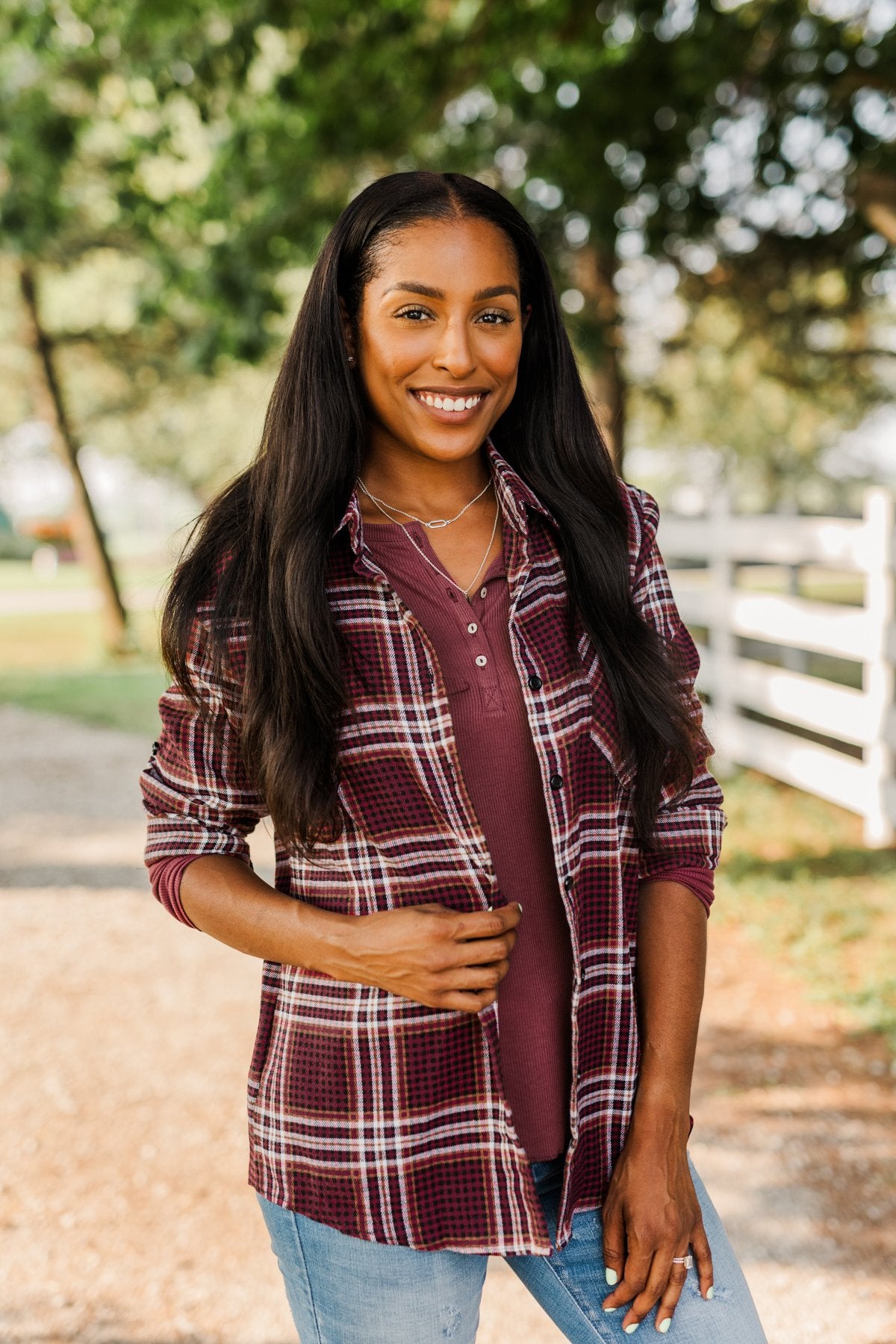 Made Up My Mind Plaid Button Top- Burgundy, Camel & Ivory