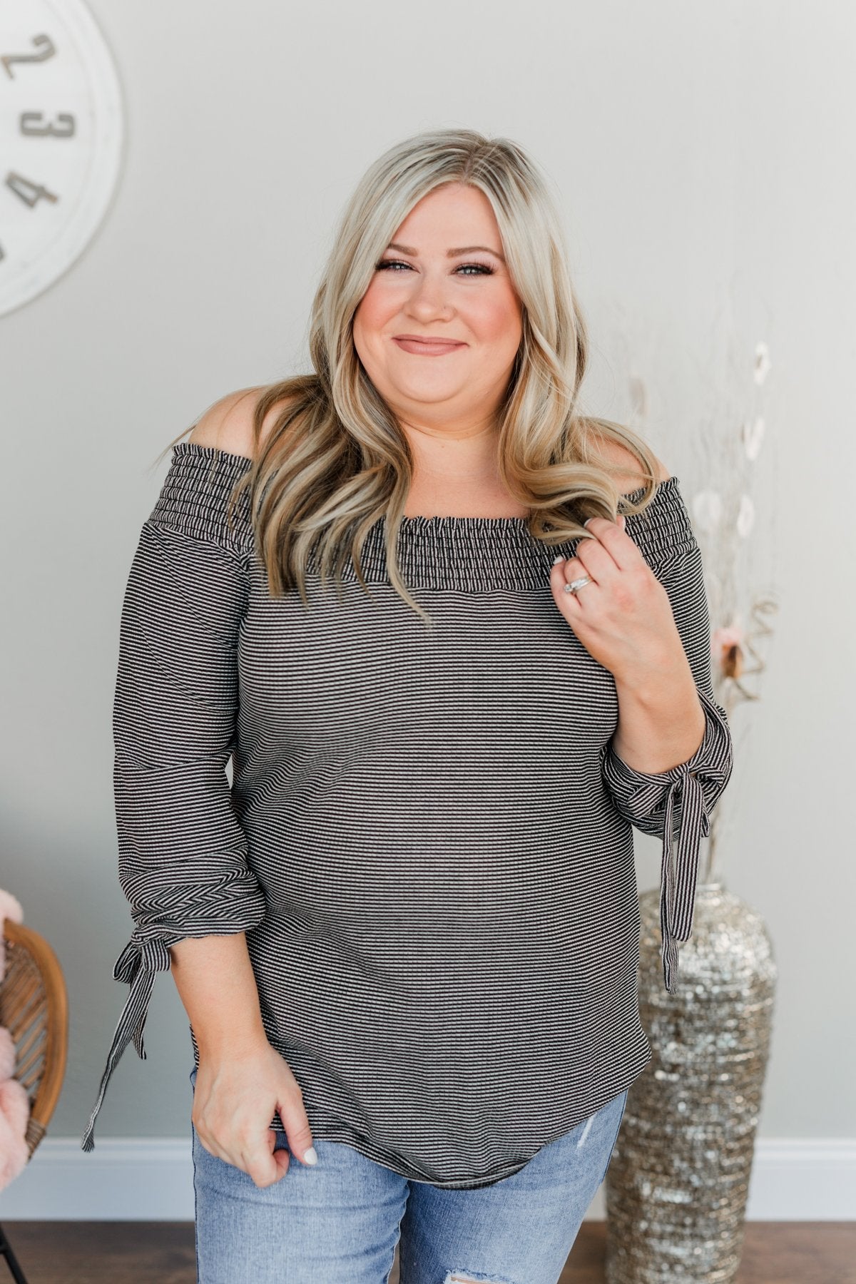 Dreaming of Stripes Off the Shoulder Top- Black & White – The Pulse ...