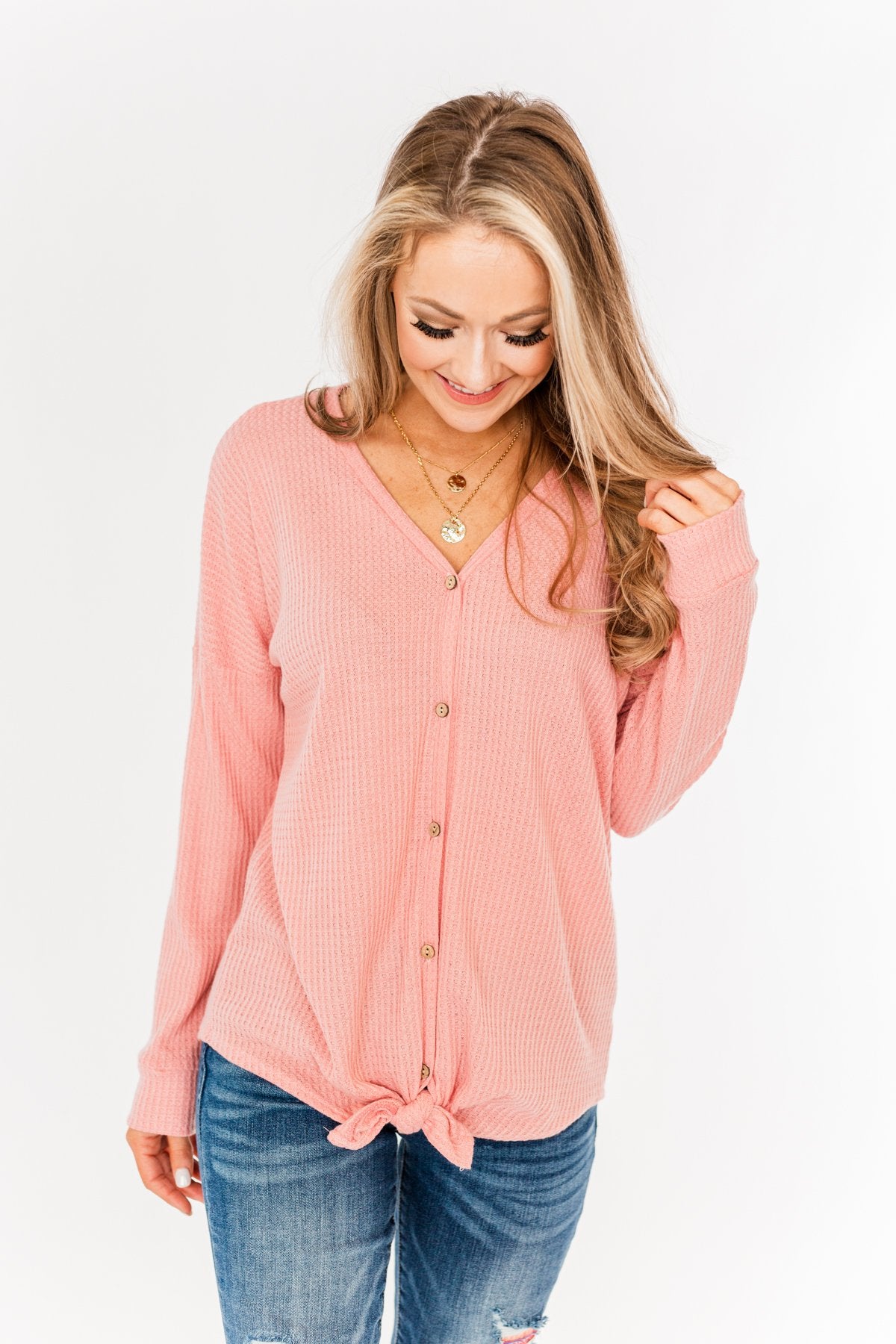 Thermal Button Knot Top- Soft Pink