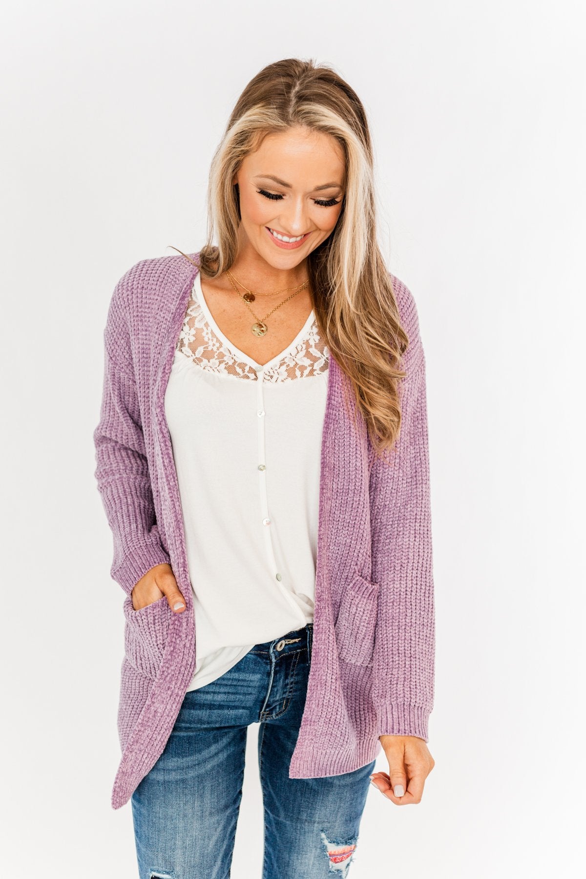 Have My Heart Velvet Chenille Cardigan Lavender