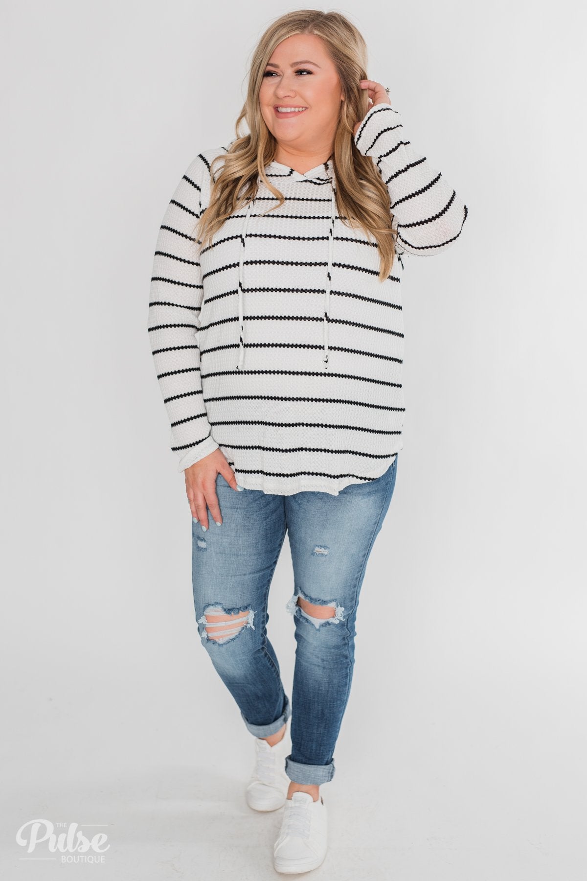 Seeing Stripes Waffle Thermal Hoodie - Black & White